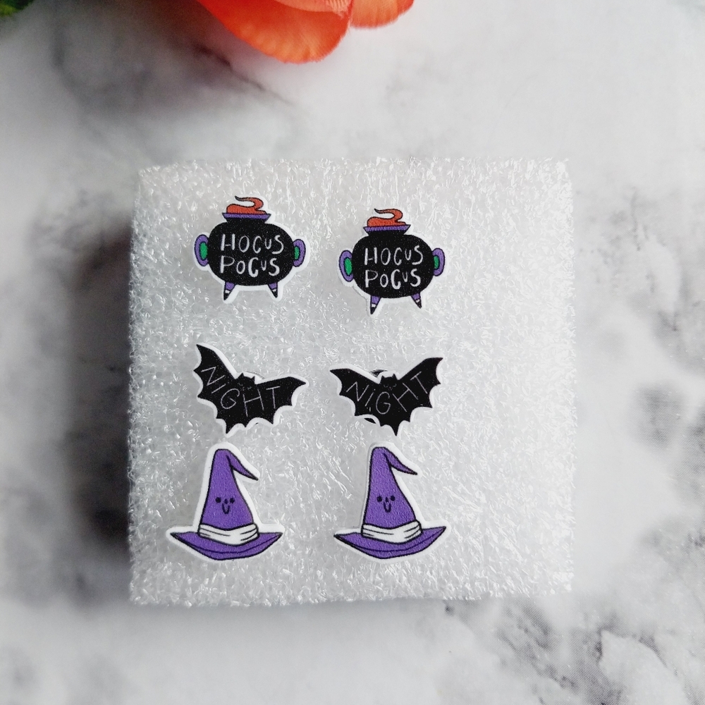 Halloween set of 3 tiny Hocus Pocus Bat Witch studs